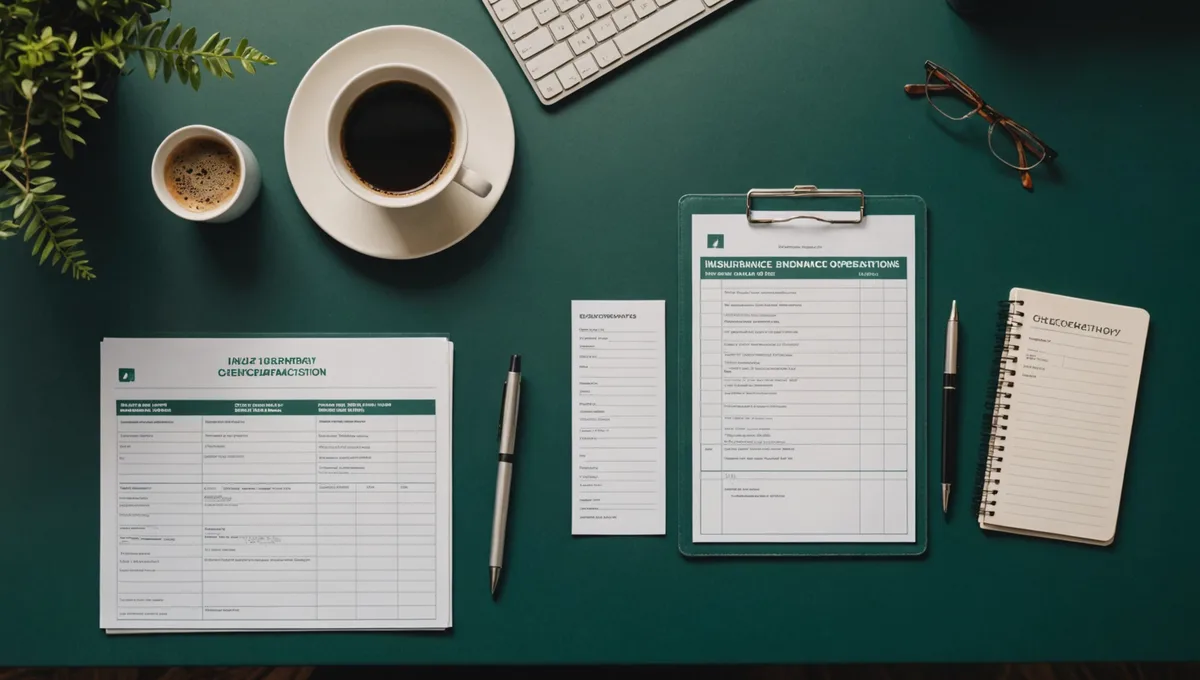 Overhead view of an insurance operations workstation with printed checklists and verification documents